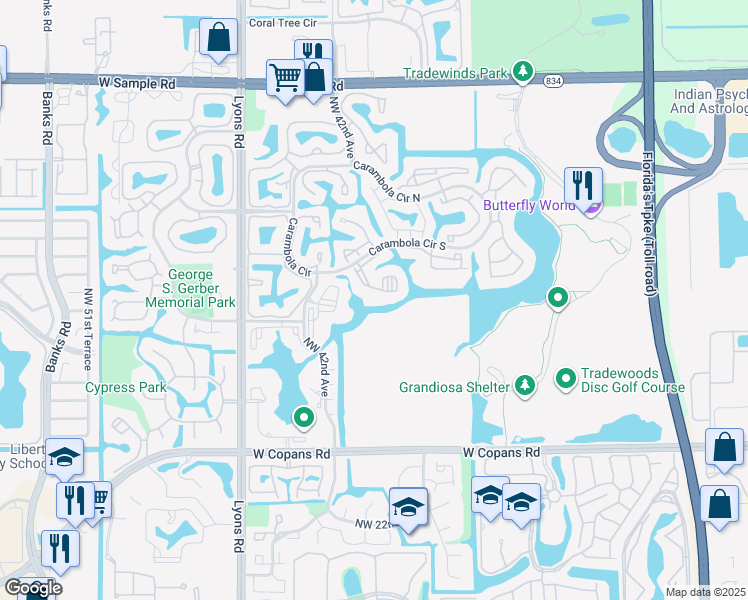 map of restaurants, bars, coffee shops, grocery stores, and more near 4132 Carambola Circle South in Coconut Creek