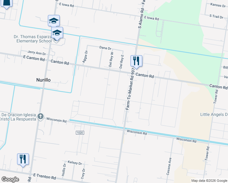 map of restaurants, bars, coffee shops, grocery stores, and more near 3112 Del Rey West in Edinburg