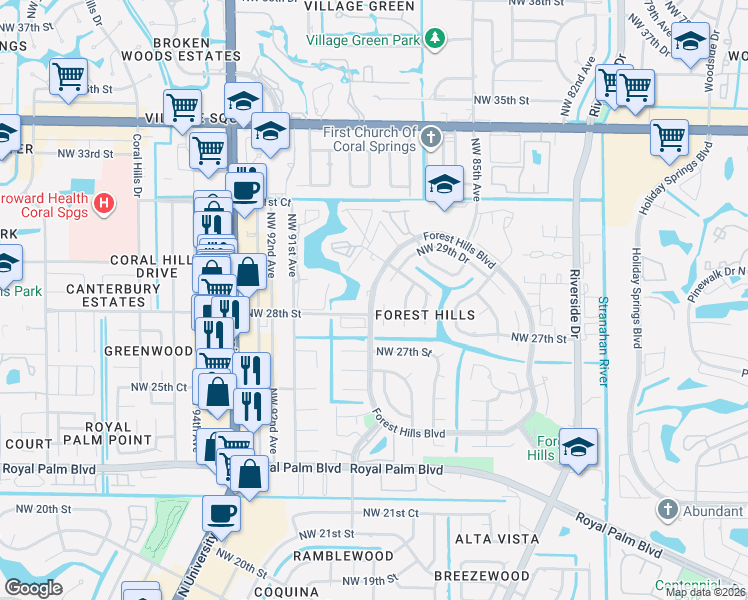 map of restaurants, bars, coffee shops, grocery stores, and more near 2750 Northwest 88th Terrace in Coral Springs