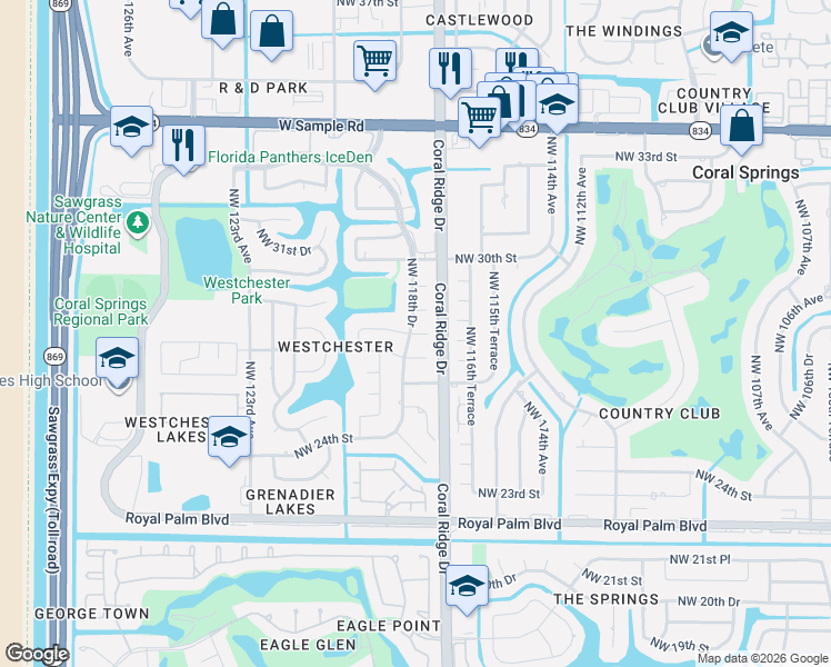 map of restaurants, bars, coffee shops, grocery stores, and more near 11753 Northwest 27th Street in Coral Springs