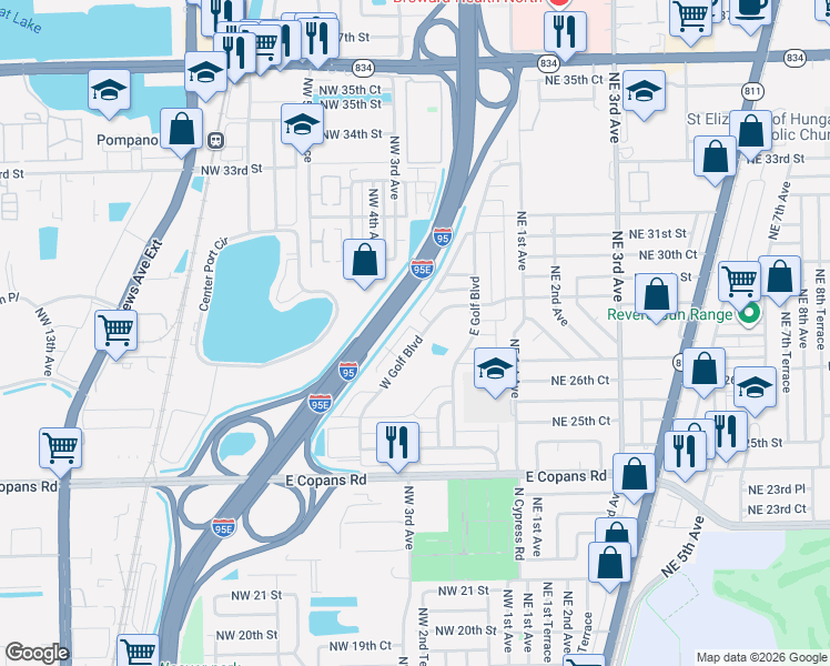 map of restaurants, bars, coffee shops, grocery stores, and more near 231 West Golf Boulevard in Pompano Beach