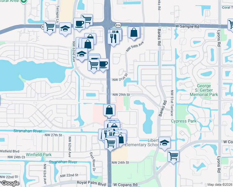 map of restaurants, bars, coffee shops, grocery stores, and more near 2964 Florida 7 in Margate