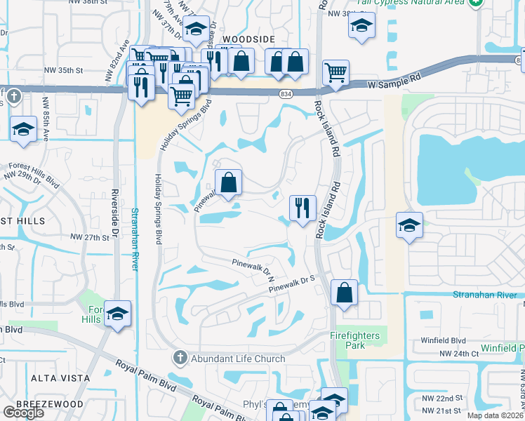 map of restaurants, bars, coffee shops, grocery stores, and more near 3380 Pinewalk Drive North in Margate