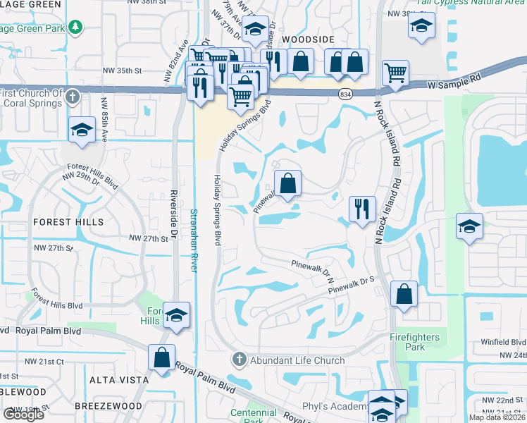 map of restaurants, bars, coffee shops, grocery stores, and more near 3300 Pinewalk Drive North in Margate