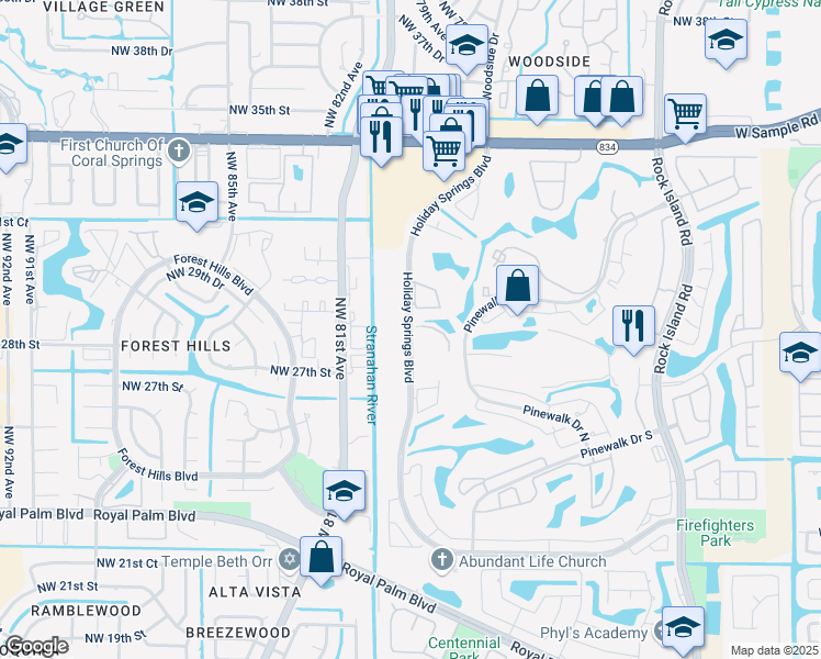 map of restaurants, bars, coffee shops, grocery stores, and more near 3131 Holiday Springs Boulevard in Margate