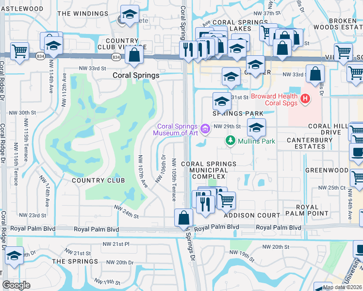 map of restaurants, bars, coffee shops, grocery stores, and more near 2872 Coral Springs Drive in Coral Springs