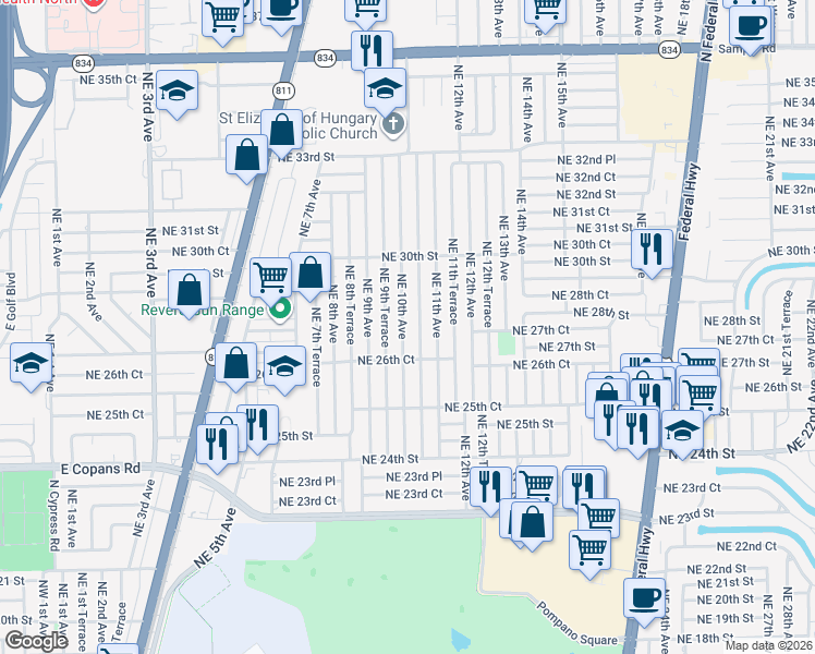 map of restaurants, bars, coffee shops, grocery stores, and more near 2721 Northeast 10th Terrace in Pompano Beach