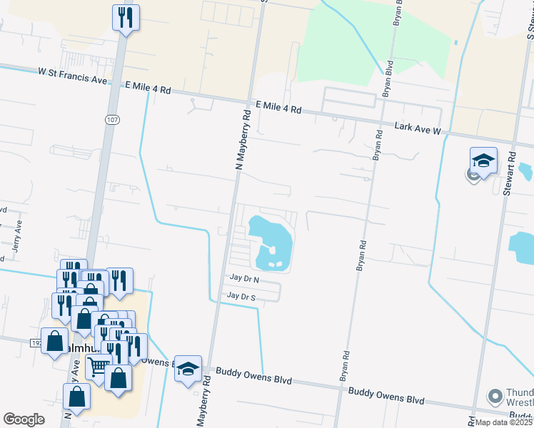 map of restaurants, bars, coffee shops, grocery stores, and more near Lakeside View Lane in Palmhurst