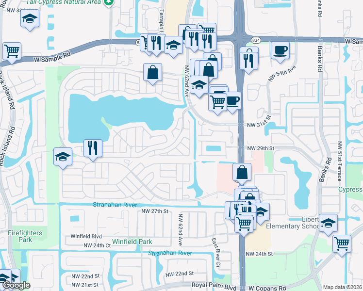 map of restaurants, bars, coffee shops, grocery stores, and more near 6211 Duval Drive in Margate