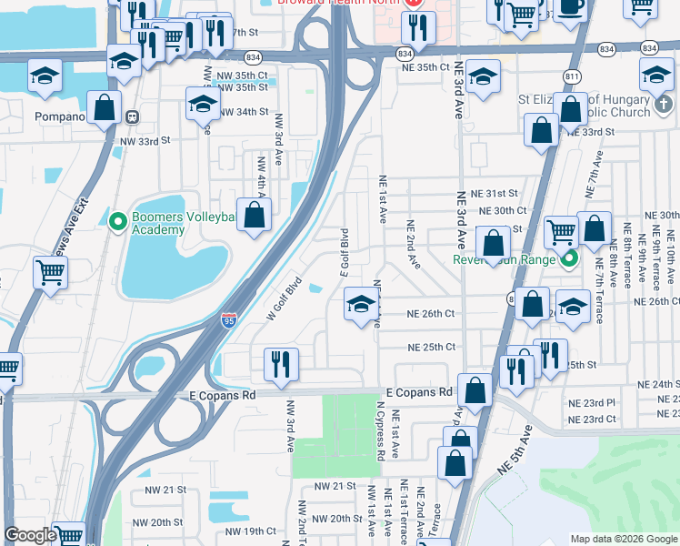 map of restaurants, bars, coffee shops, grocery stores, and more near 2851 East Golf Boulevard in Pompano Beach