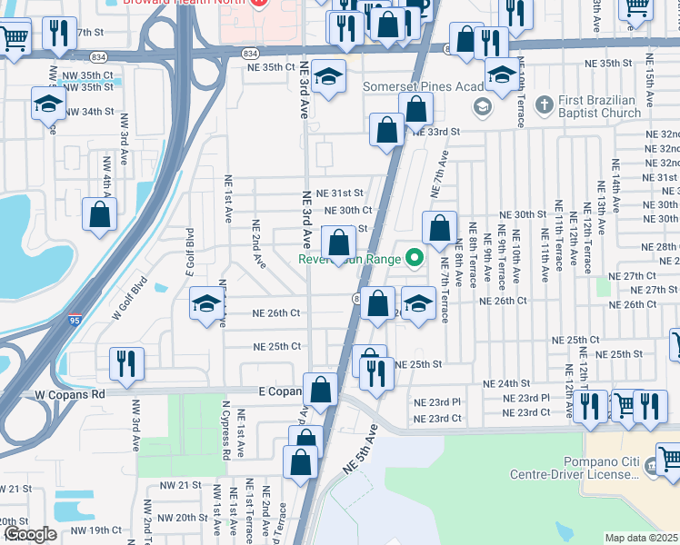 map of restaurants, bars, coffee shops, grocery stores, and more near 2801 North Dixie Highway in Pompano Beach