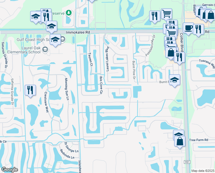 map of restaurants, bars, coffee shops, grocery stores, and more near 15082 Topsail Court in Naples