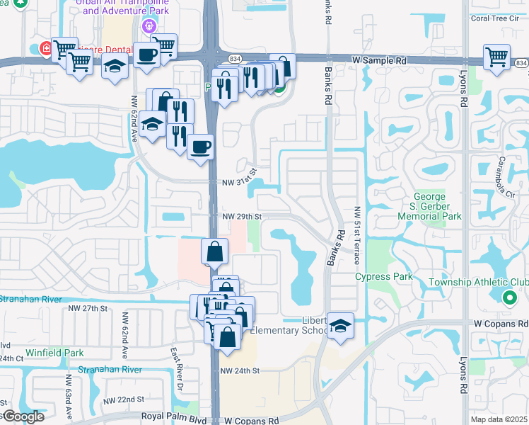 map of restaurants, bars, coffee shops, grocery stores, and more near 5596 Courtyard Drive in Margate