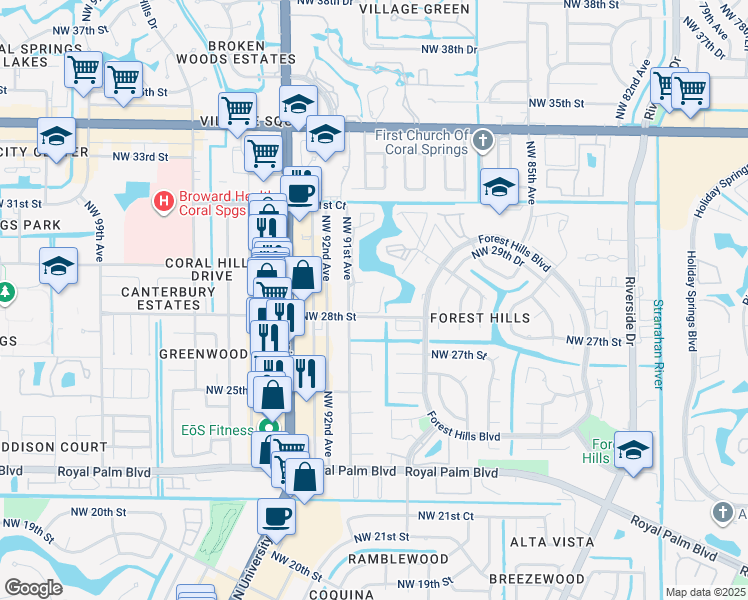 map of restaurants, bars, coffee shops, grocery stores, and more near 2801 Northwest 91st Avenue in Coral Springs
