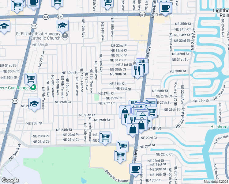 map of restaurants, bars, coffee shops, grocery stores, and more near 1513 Northeast 27th Court in Pompano Beach