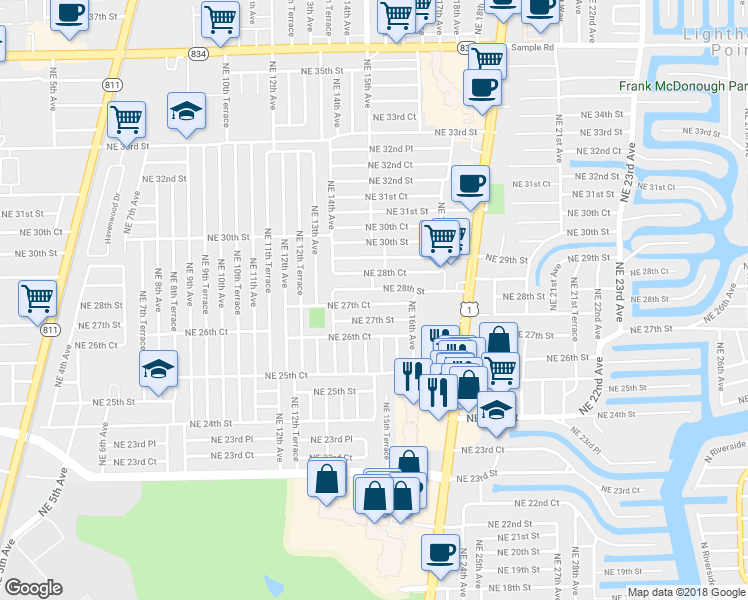 map of restaurants, bars, coffee shops, grocery stores, and more near 1481 Northeast 27th Street in Pompano Beach