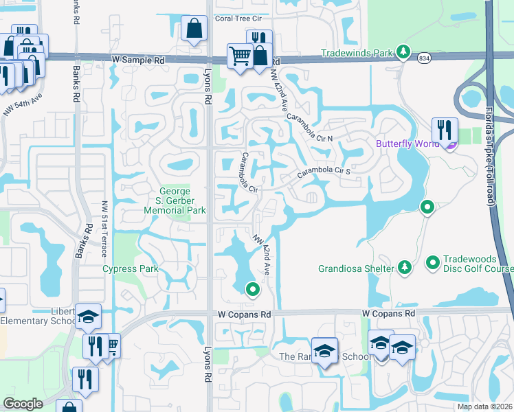 map of restaurants, bars, coffee shops, grocery stores, and more near 99 Carambola Circle South in Coconut Creek