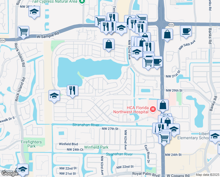 map of restaurants, bars, coffee shops, grocery stores, and more near 6345 Seagrape Circle in Margate