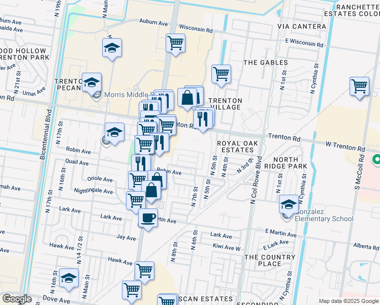 map of restaurants, bars, coffee shops, grocery stores, and more near 716 Swallow Avenue in McAllen