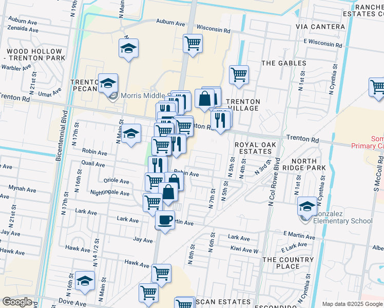 map of restaurants, bars, coffee shops, grocery stores, and more near 716 Swallow Avenue in McAllen