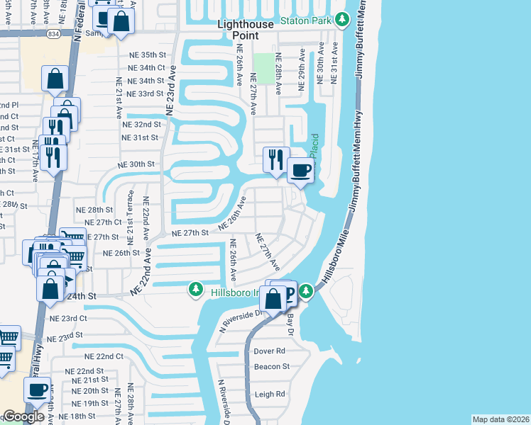 map of restaurants, bars, coffee shops, grocery stores, and more near 2714 Northeast 27th Avenue in Lighthouse Point