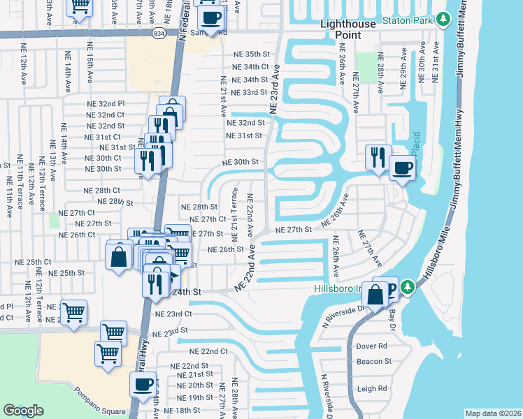 map of restaurants, bars, coffee shops, grocery stores, and more near 2717 Northeast 23rd Avenue in Lighthouse Point