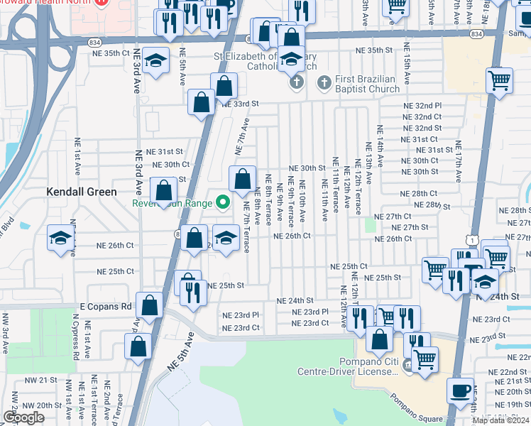 map of restaurants, bars, coffee shops, grocery stores, and more near 2801 Northeast 8th Terrace in Pompano Beach