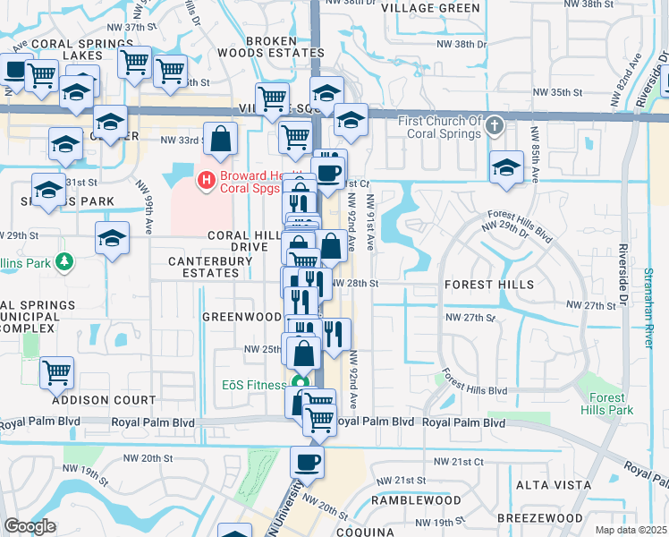 map of restaurants, bars, coffee shops, grocery stores, and more near in Coral Springs
