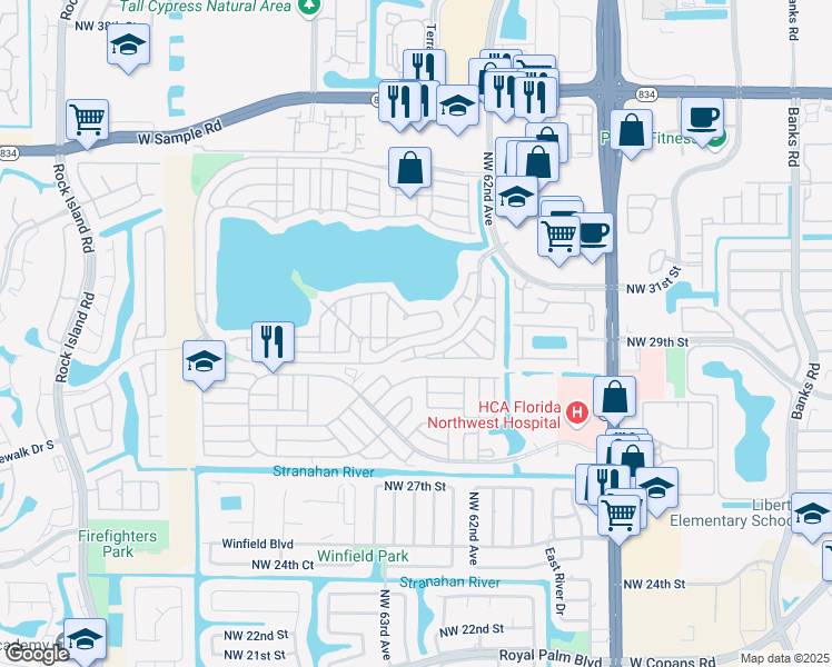 map of restaurants, bars, coffee shops, grocery stores, and more near 6345 Seagrape Circle in Margate