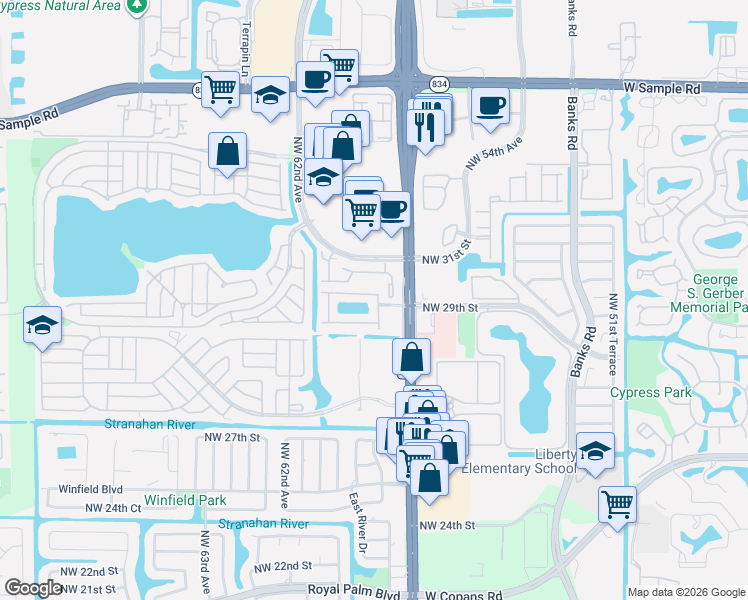 map of restaurants, bars, coffee shops, grocery stores, and more near 5761 South Sable Circle in Margate