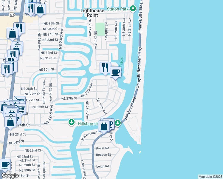 map of restaurants, bars, coffee shops, grocery stores, and more near 2835 Northeast 28th Avenue in Lighthouse Point