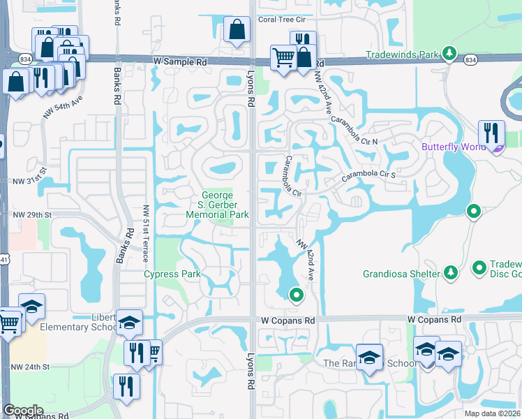 map of restaurants, bars, coffee shops, grocery stores, and more near 3211 Carambola Circle South in Coconut Creek