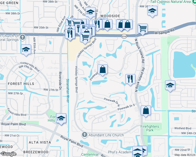 map of restaurants, bars, coffee shops, grocery stores, and more near 3310 Pinewalk Drive North in Margate