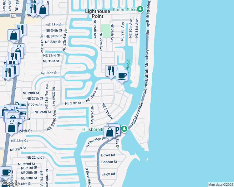 map of restaurants, bars, coffee shops, grocery stores, and more near 2835 Northeast 28th Avenue in Lighthouse Point