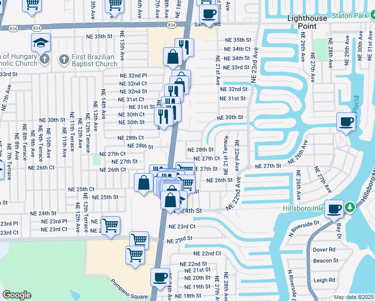 map of restaurants, bars, coffee shops, grocery stores, and more near 1920 Northeast 28th Court in Lighthouse Point