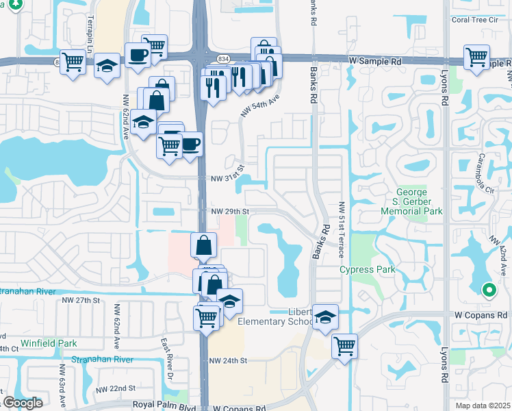 map of restaurants, bars, coffee shops, grocery stores, and more near 5522 Courtyard Drive in Margate