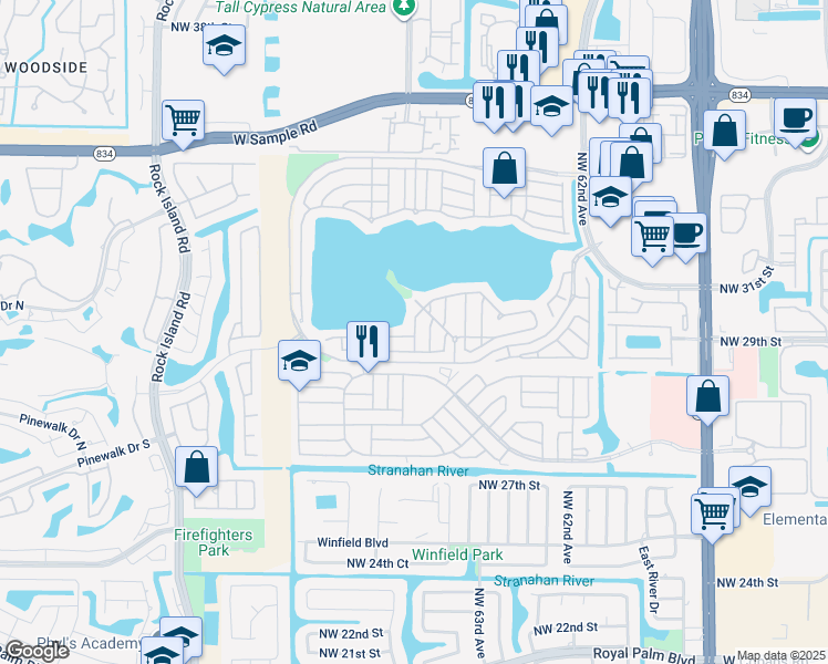 map of restaurants, bars, coffee shops, grocery stores, and more near 3101 Cape Drive in Margate
