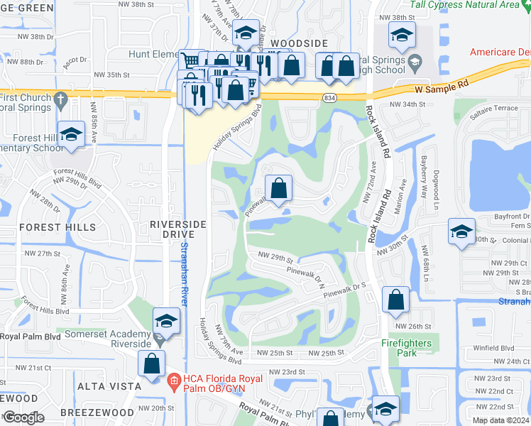 map of restaurants, bars, coffee shops, grocery stores, and more near 3320 Pinewalk Drive North in Margate