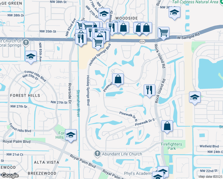 map of restaurants, bars, coffee shops, grocery stores, and more near 3320 Pinewalk Drive North in Margate