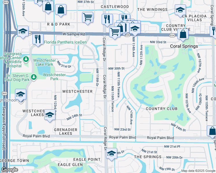 map of restaurants, bars, coffee shops, grocery stores, and more near 11605 Northwest 28th Street in Coral Springs