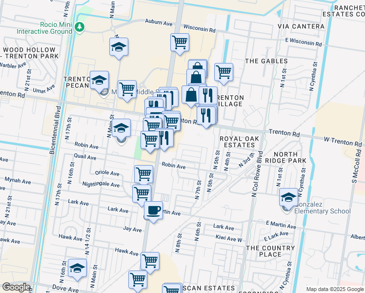 map of restaurants, bars, coffee shops, grocery stores, and more near 801 Trenton Road in McAllen
