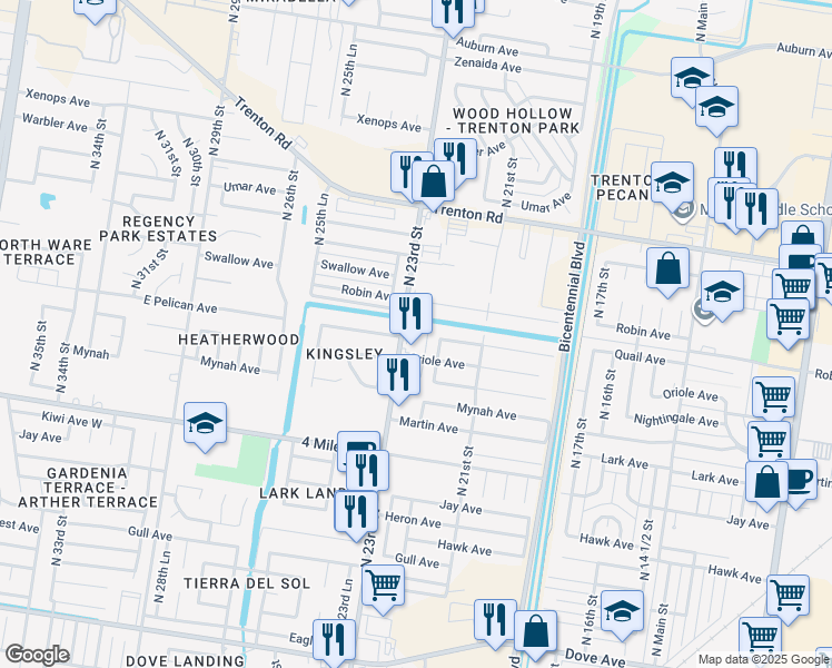 map of restaurants, bars, coffee shops, grocery stores, and more near 2301 Robin Avenue in McAllen