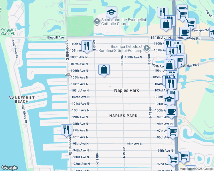 map of restaurants, bars, coffee shops, grocery stores, and more near 640 104th Avenue North in Naples