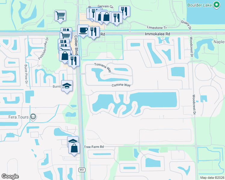 map of restaurants, bars, coffee shops, grocery stores, and more near 15262 Cortona Way in Naples