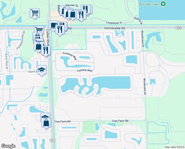 map of restaurants, bars, coffee shops, grocery stores, and more near 15309 Cortona Way in Naples