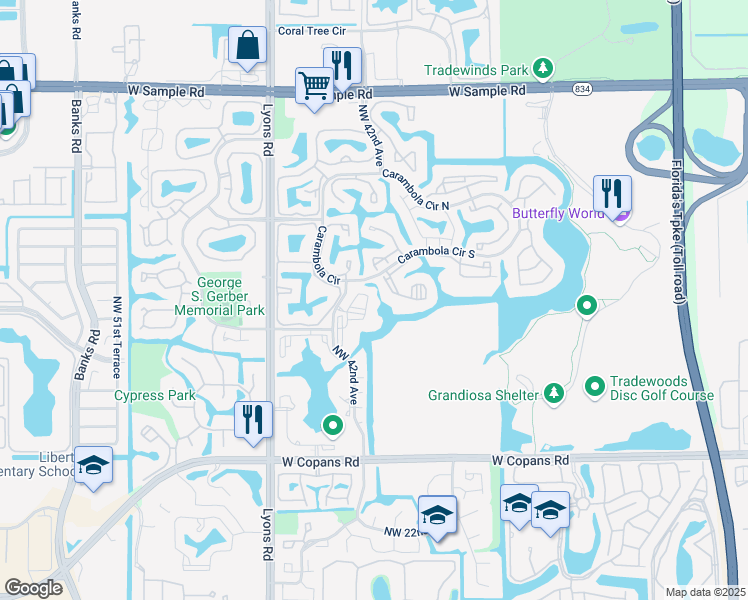 map of restaurants, bars, coffee shops, grocery stores, and more near 3150 Northwest 42nd Avenue in Coconut Creek