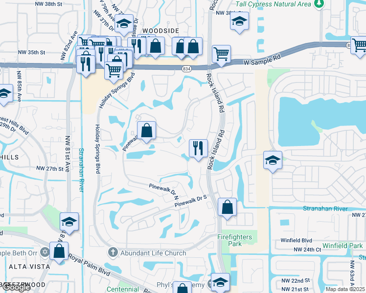 map of restaurants, bars, coffee shops, grocery stores, and more near 3420 Pinewalk Drive North in Margate