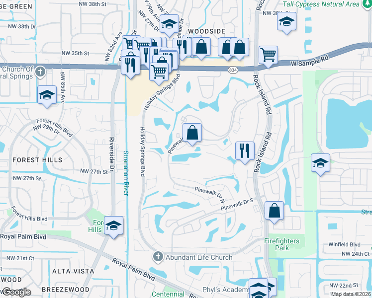 map of restaurants, bars, coffee shops, grocery stores, and more near 3320 Pinewalk Drive North in Margate