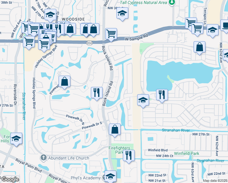 map of restaurants, bars, coffee shops, grocery stores, and more near 6953 Columbia Court in Margate