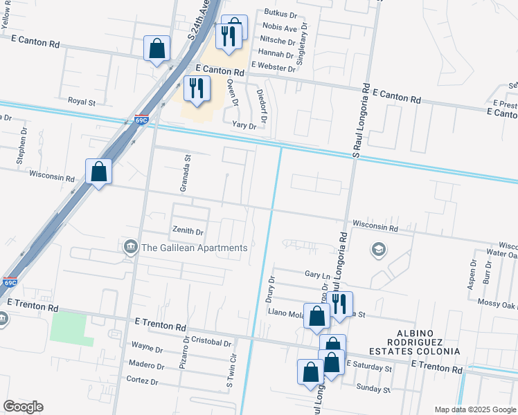 map of restaurants, bars, coffee shops, grocery stores, and more near 2003 East Wisconsin Road in Edinburg